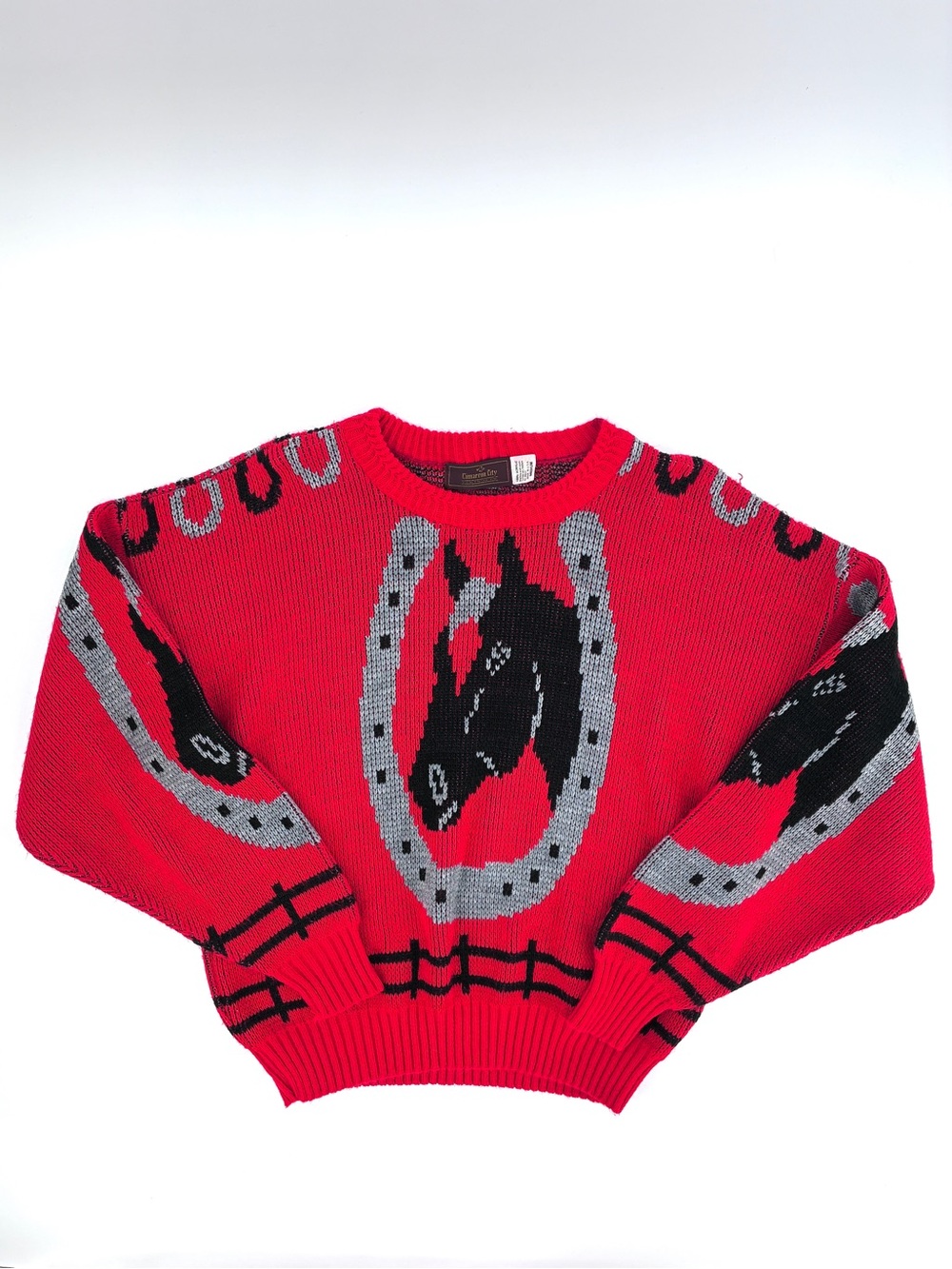 Vintage Mens Red Horse Dad Sweater Shirt Equestrian Equine Western Preppy Medium